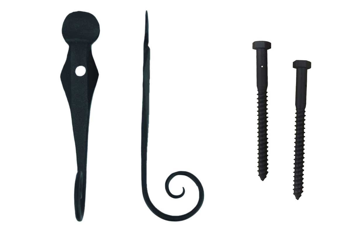 Black powder-coated forged steel shutter dogs and tiebacks, 6-inch English rat tail style, sold in pairs with lag screws.