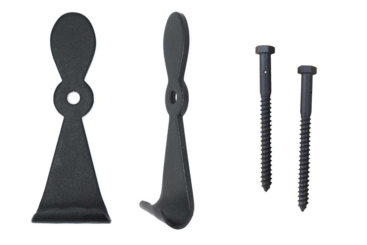 Black forged steel shutter dogs and tiebacks, 5-1/2 inches, with lag screws, sold in pairs for secure window treatment.