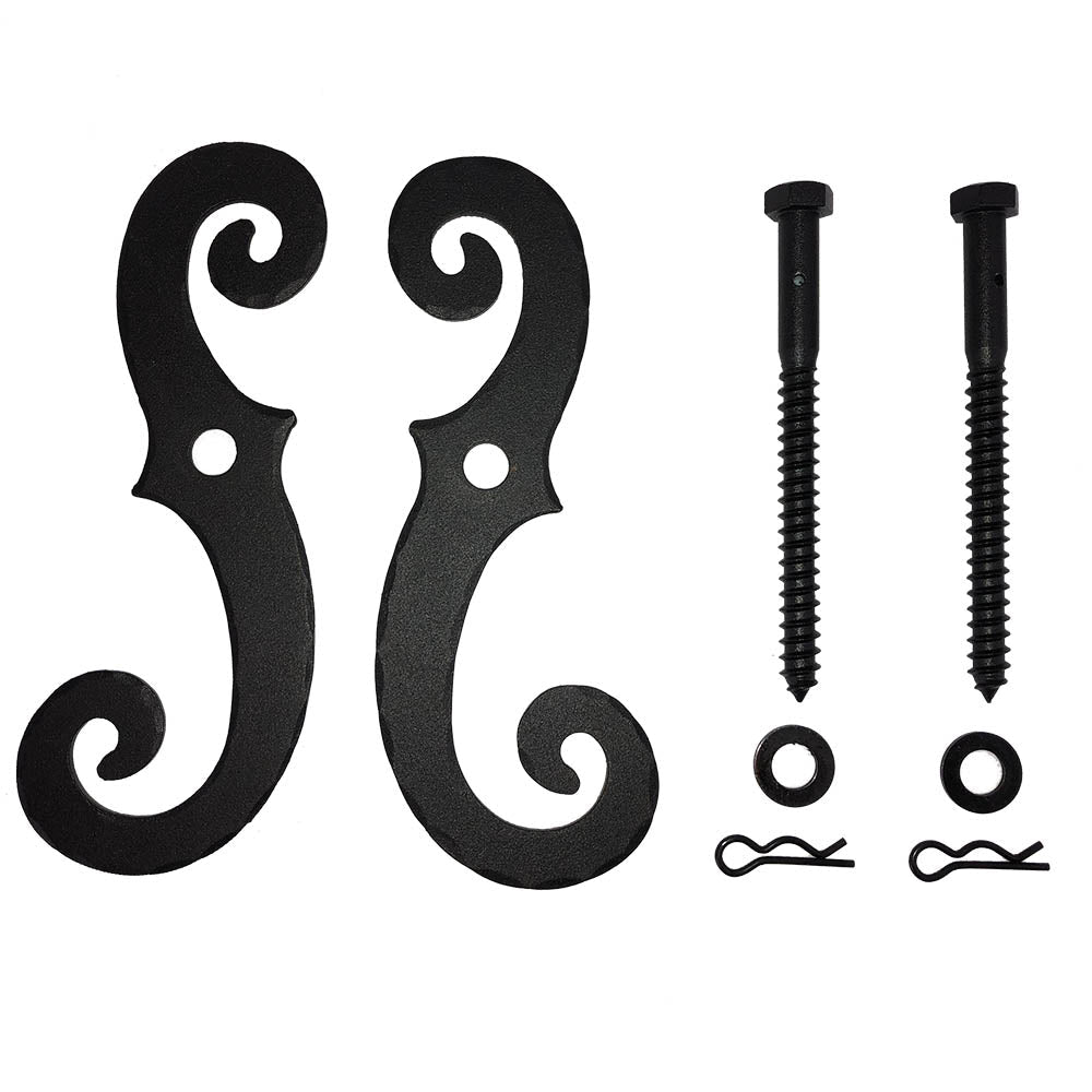 Stainless steel shutter dogs with a black textured powder coat, 6-3/4 inches, sold in pairs with screws included.