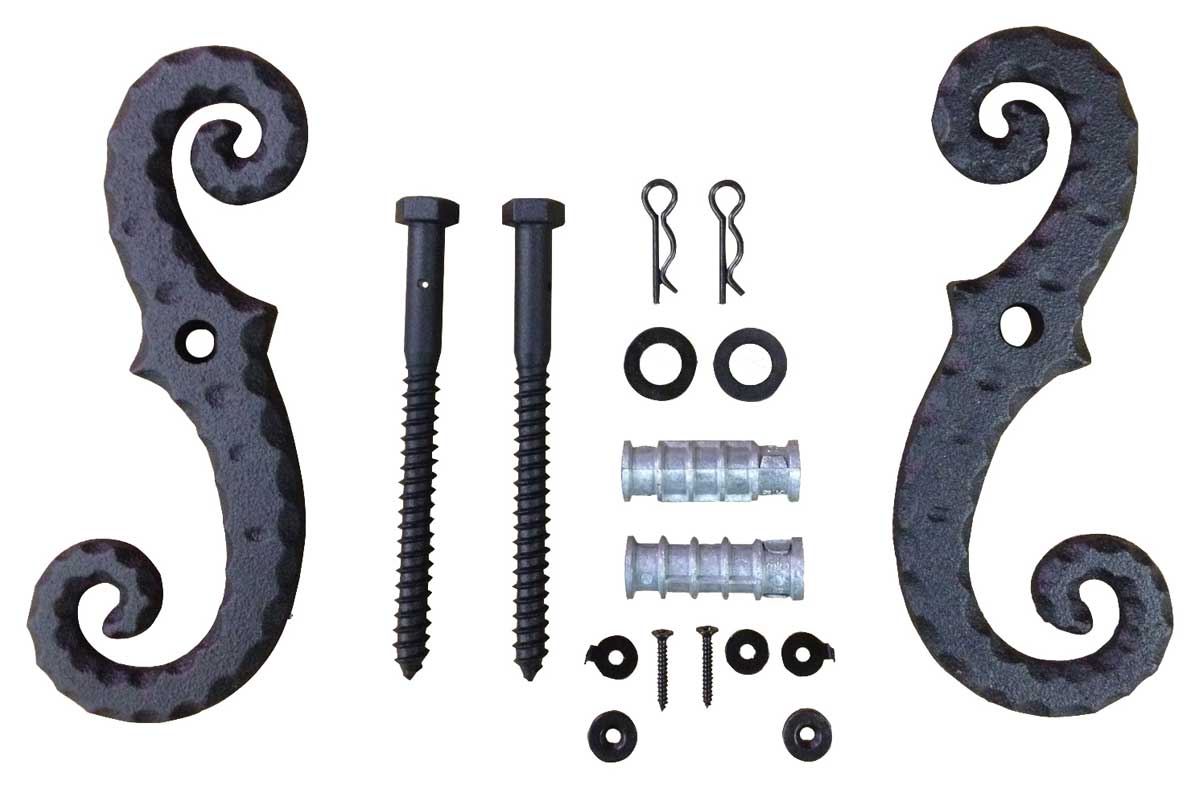 Black cast iron shutter dogs and tiebacks value pack with screws and hardware, designed for secure window treatment installation.