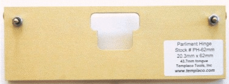 Single pocket parliament hinge template measuring 20.3 mm x 62 mm, designed for precise hinge installation.
