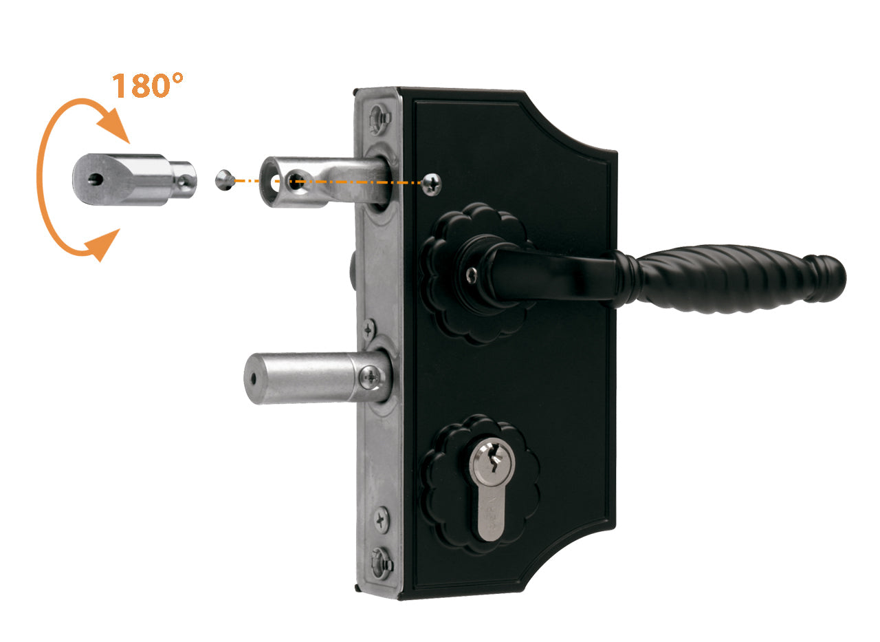 Small surface mounted ornamental gate lock in black finish, designed for square or flat profiles, 3/8" to 2-3/8" wide.