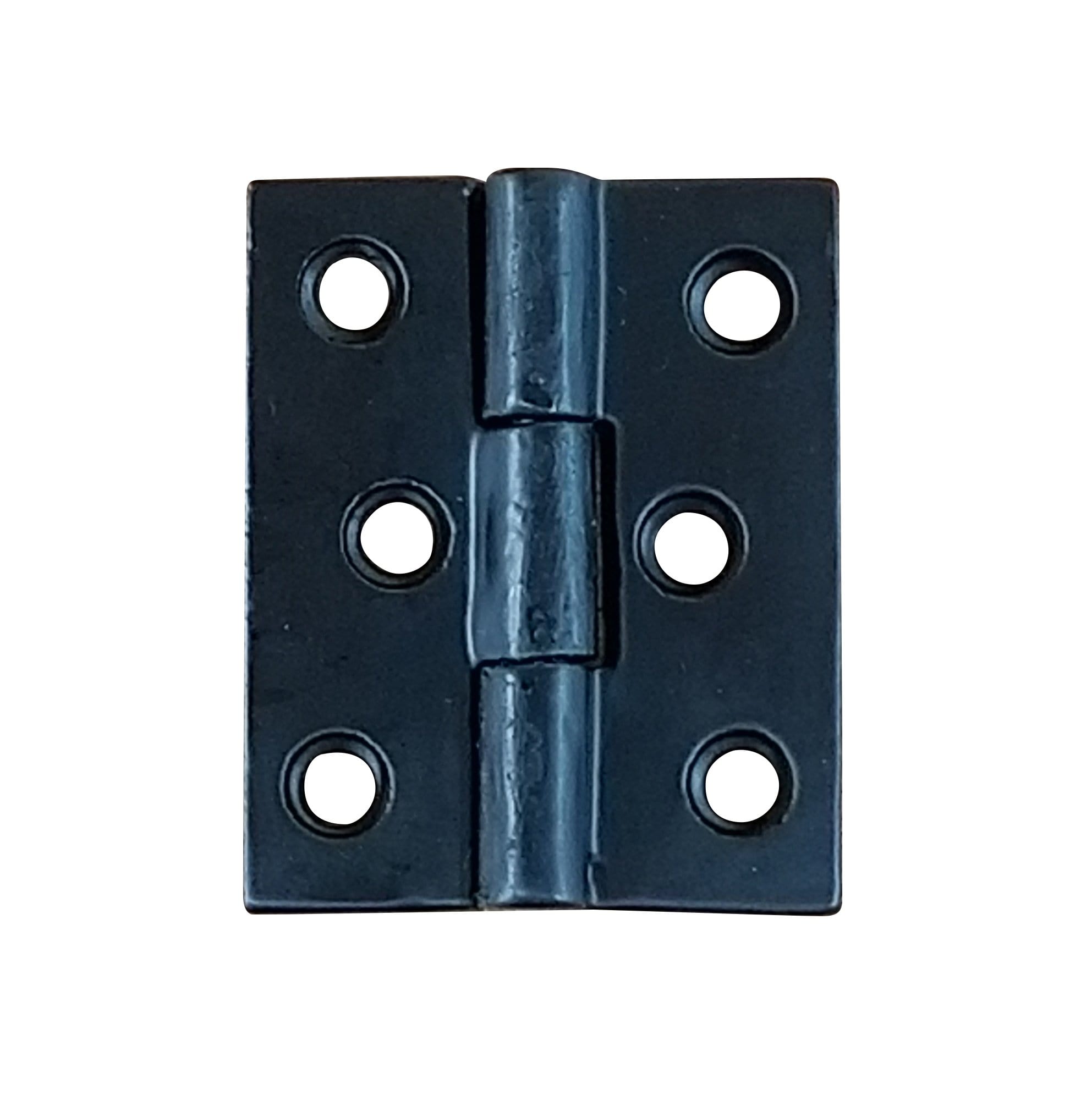 Black solid iron surface-mounted small hinge for cabinets, measuring 1 5/8" x 2", sold individually.