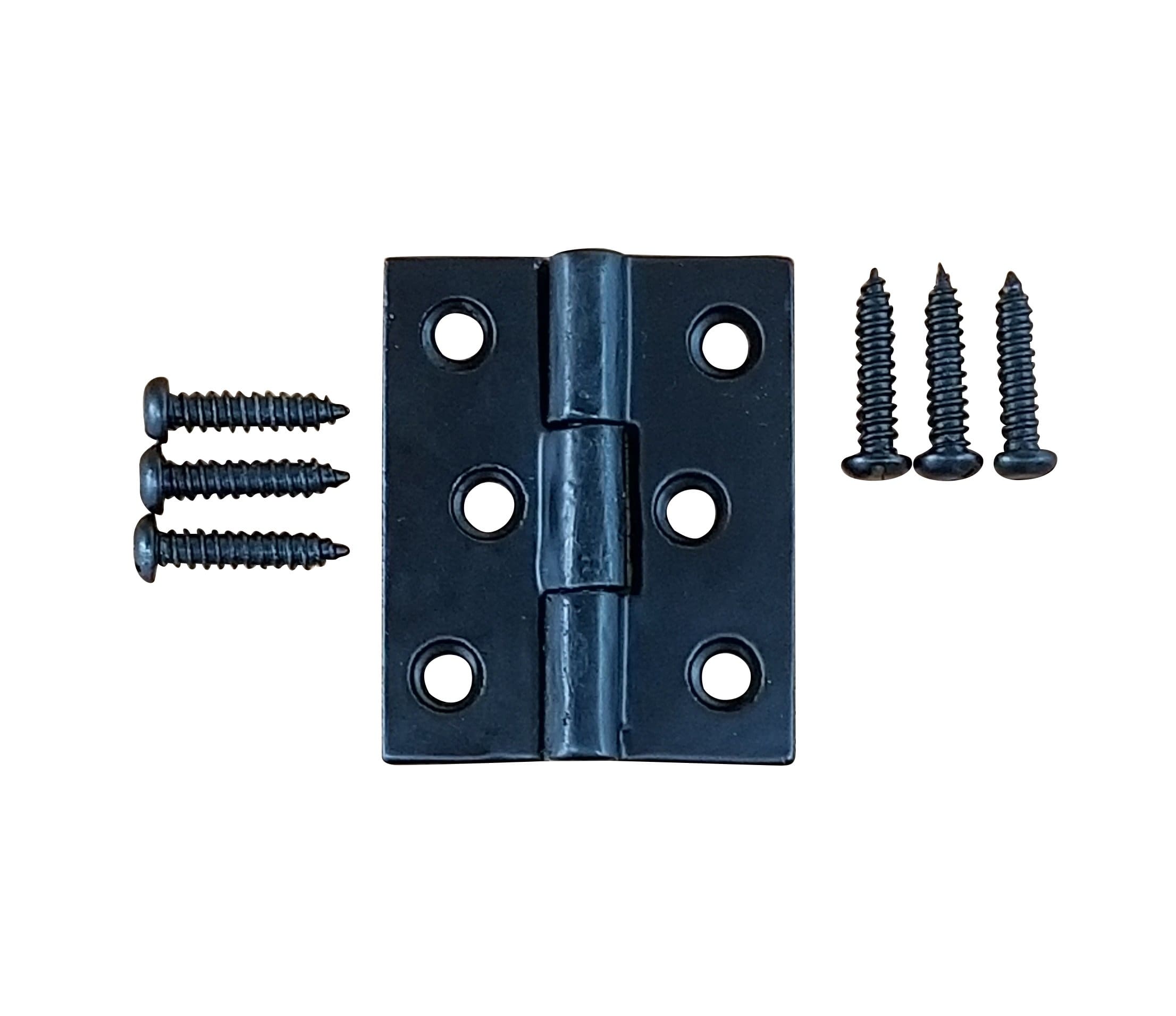 Black solid iron surface-mounted small hinge for cabinets, measuring 1 5/8" x 2", sold individually with screws.