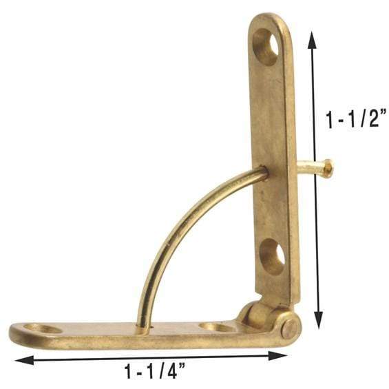 Small box hinge with stay, 90° opening, polished brass finish, dimensions 1.5" high x 1.25" long, sold individually.