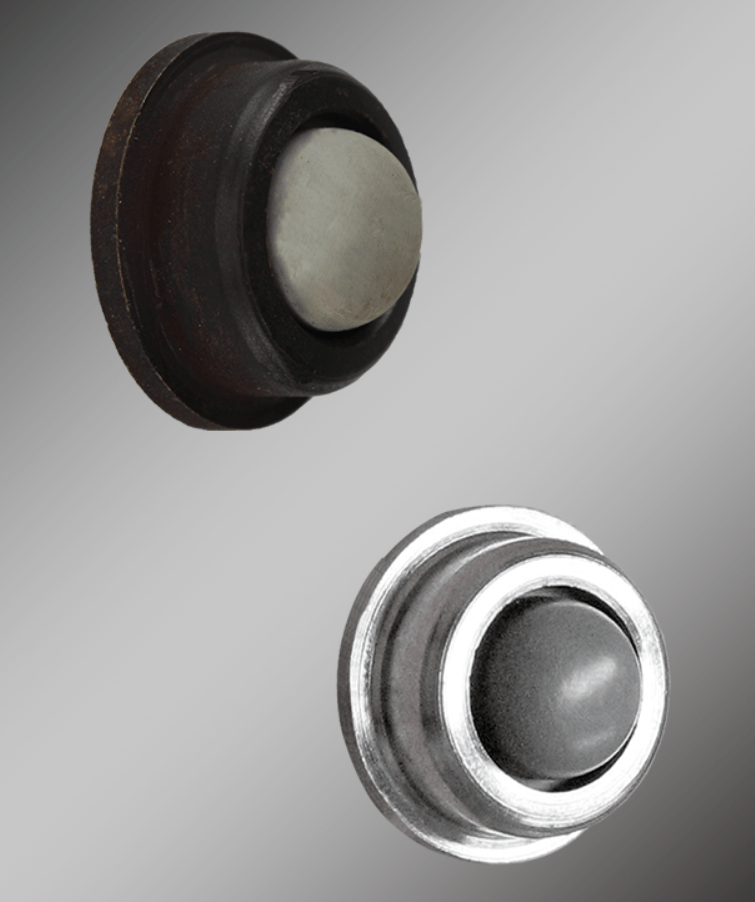 Small convex wall door stop made of solid brass, available in multiple finishes, designed to prevent wall damage.