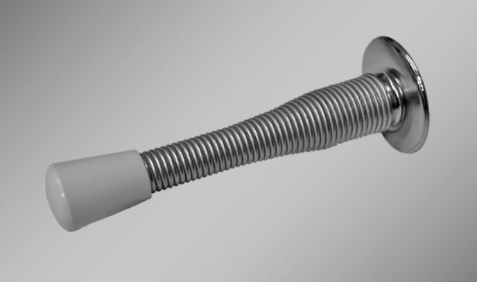 Heavy-duty snap-on spring door stop, 3 inches long, available in multiple finishes, sold individually.