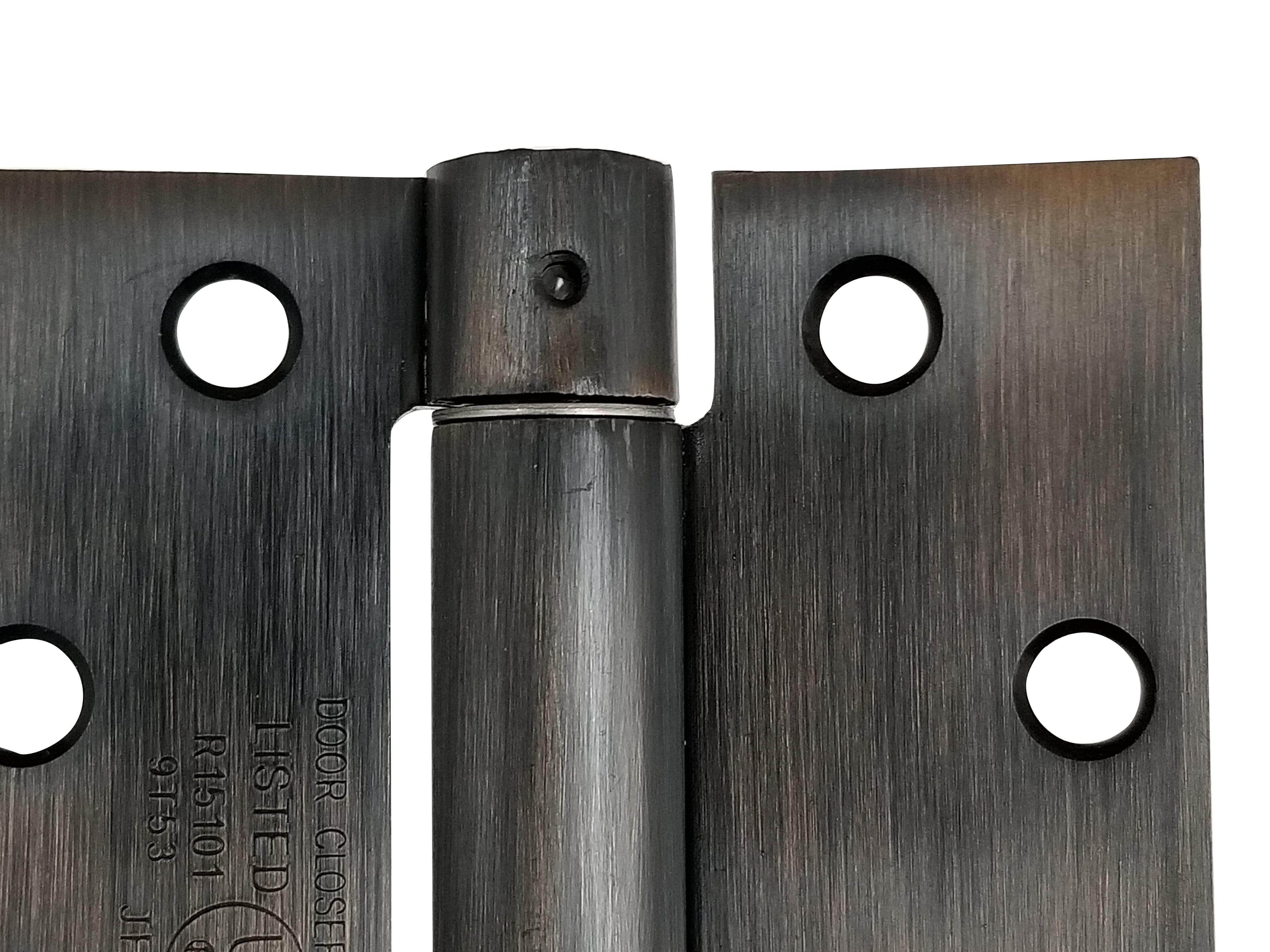 Spring hinges in a 4.5" x 4" size with square corners, available in multiple finishes, sold as a 2 pack.