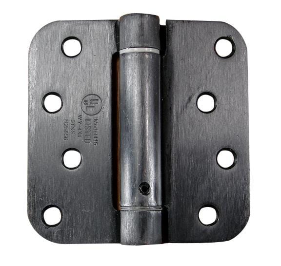 4x4 inch spring hinges with 5/8 inch radius corners in oil rubbed bronze finish, sold in a 2 pack for doors.