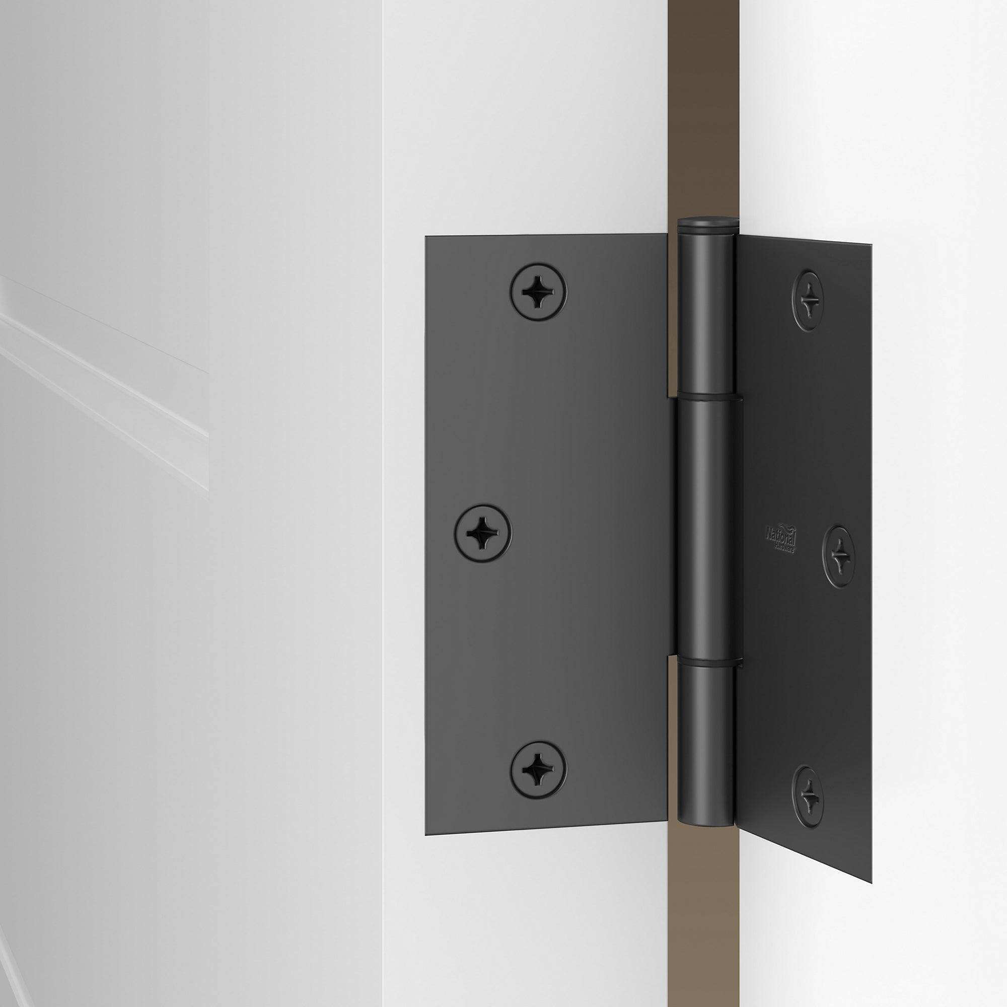 Squeak free 3.5-inch square interior door hinge in black finish, ideal for smooth door operation, sold in a 3 pack.