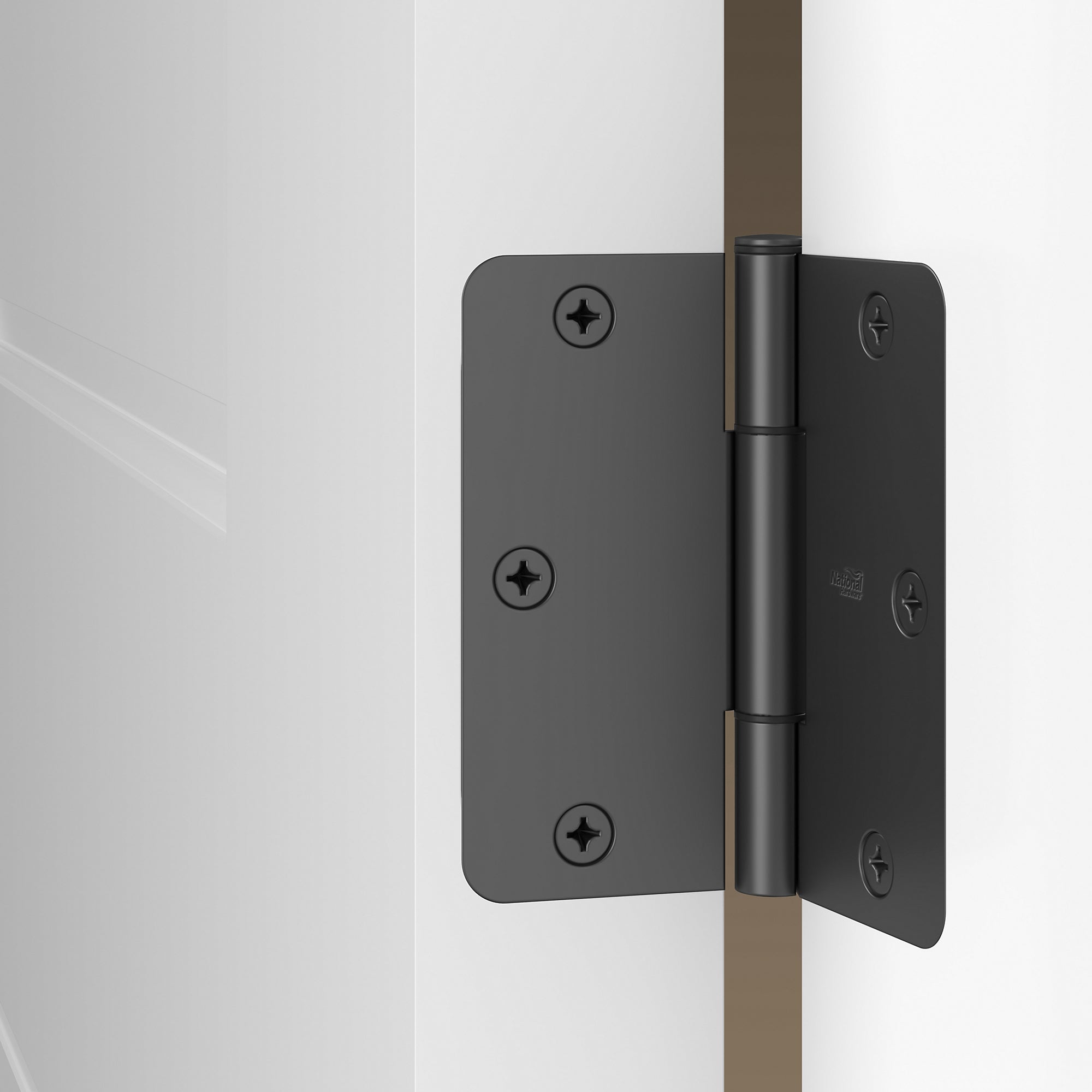 Squeak-free 3.5-inch interior door hinges with a 1/4-inch radius, available in multiple finishes, sold in a 3 pack.