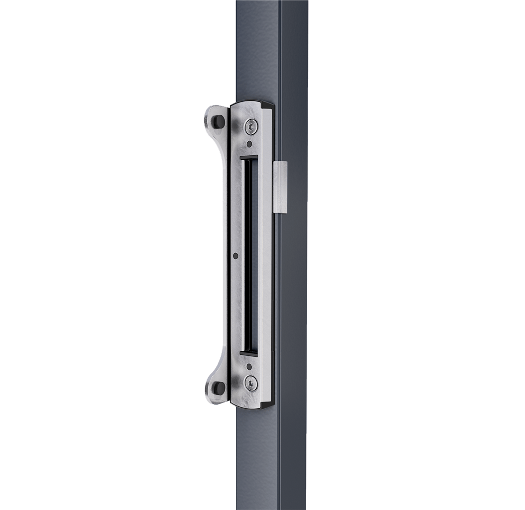 Stainless steel keeper for narrow gate gaps, designed for square profiles 1-9/16 inches, aluminum finish.
