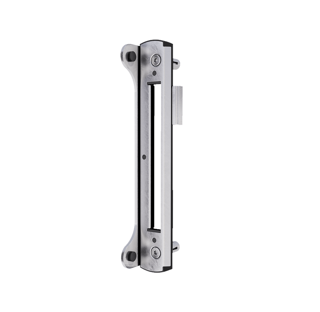 Stainless steel keeper for narrow gate gaps, designed for square profiles 1-9/16 inches, aluminum finish, sold individually.