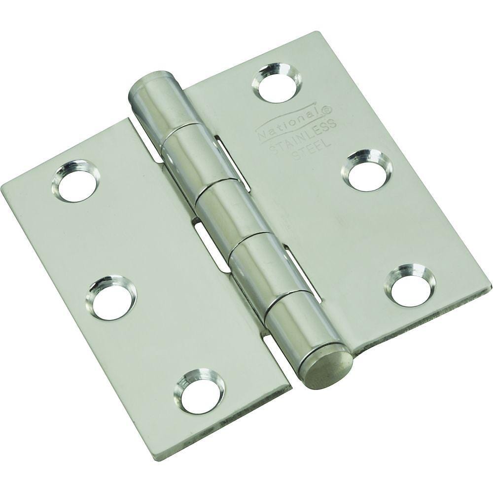 Stainless steel butt hinge, 2.5 inches square, rust resistant, sold in a pack of two for durable door applications.