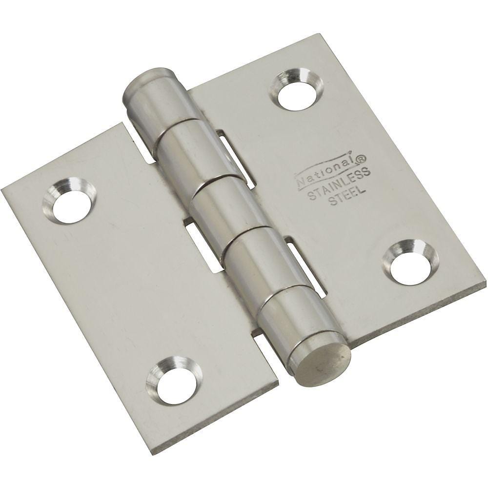 Stainless steel butt hinge, 2-inch square, rust resistant, sold in a 2-pack for durable door and cabinet use.