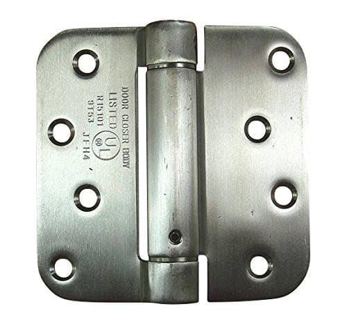 Stainless steel spring hinges, 4 inches with 5/8 inch radius corners, sold in a 2 pack for durable door applications.