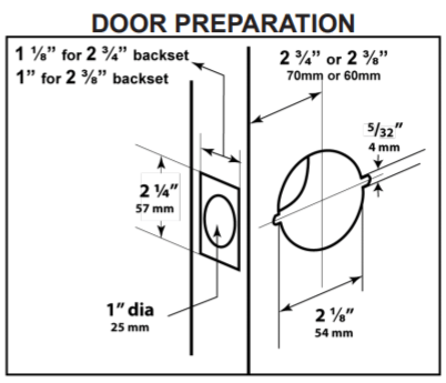 Standard duty commercial cylindrical entrance door knob locksets with detailed door preparation dimensions and specifications.