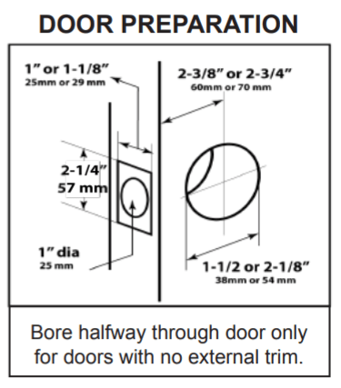 Standard duty single cylinder deadbolt installation guide with door preparation dimensions and specifications.