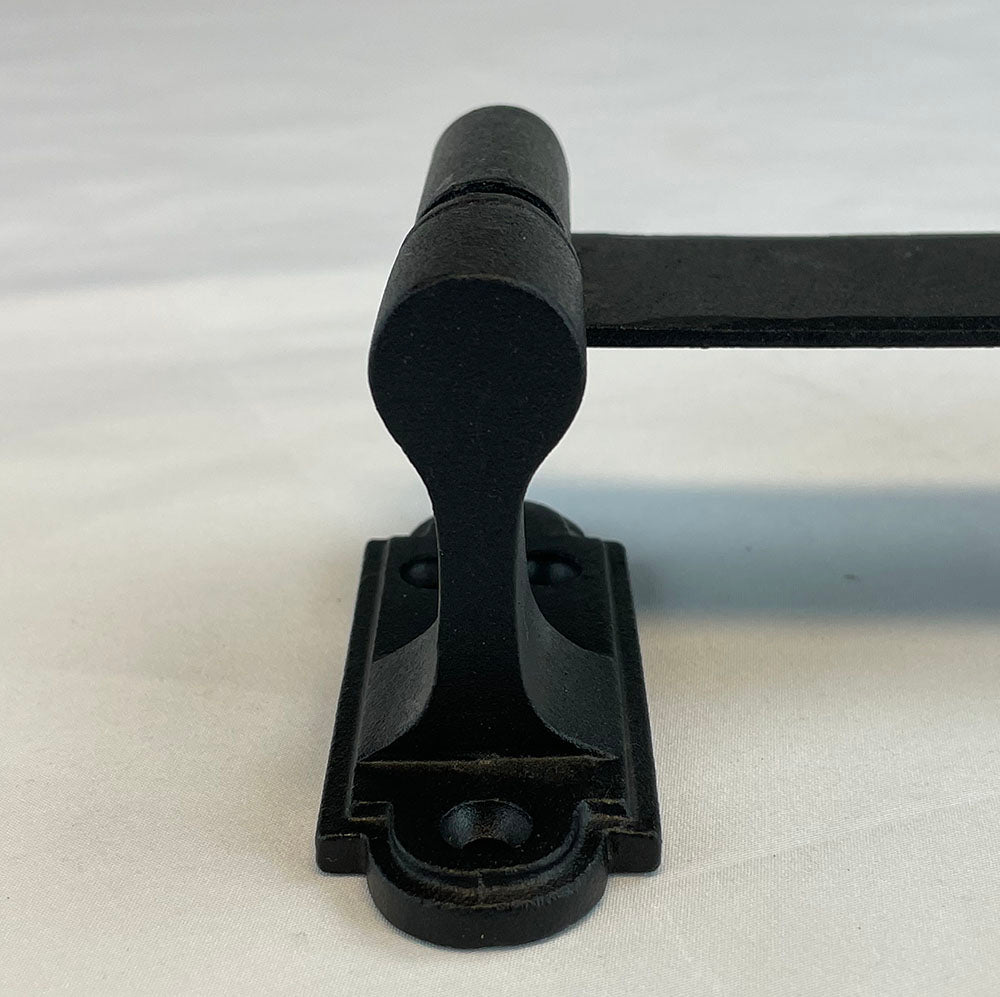 Black powder-coated strap hinge for shutters, 13-1/4 inches, featuring a circle tip and minimal offset design.