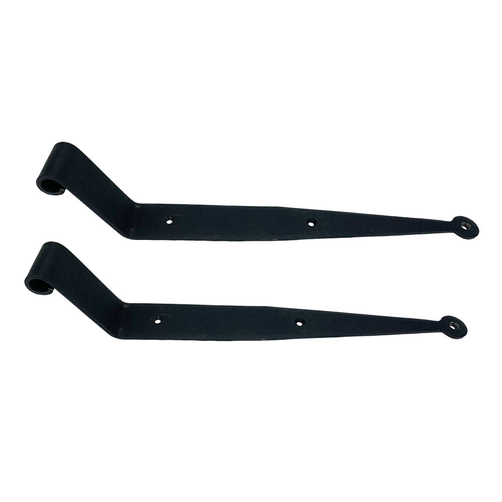 Black powder-coated strap hinges for shutters, 12 inches long, sold in pairs, multiple offsets available.
