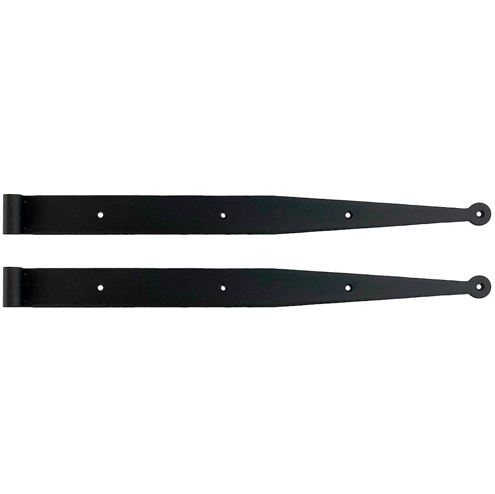 Black powder-coated strap hinges for shutters, 18-1/4 inches, minimal offset, sold in pairs without pintles.
