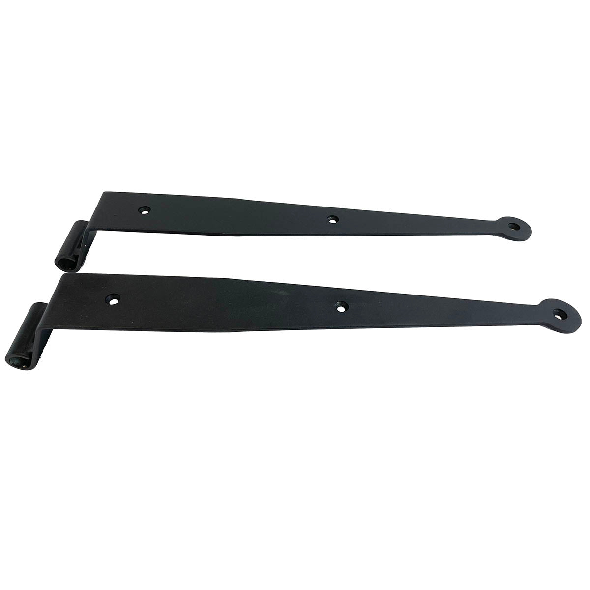Black powder-coated strap hinges for shutters, 12-inch with circle tips, minimal offset, sold in pairs.