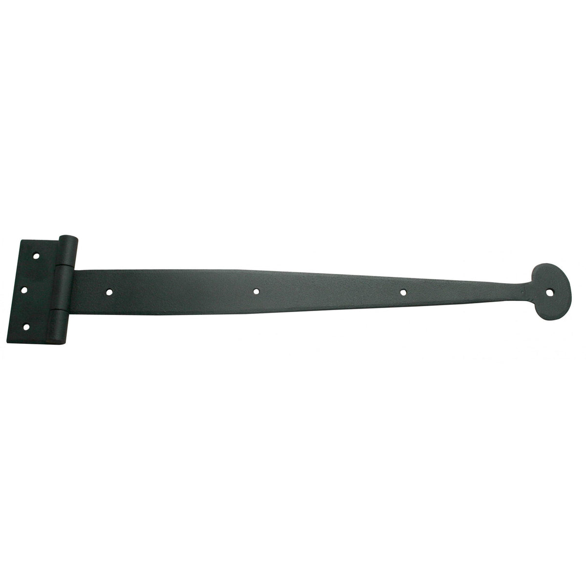 Hand forged black powder-coated strap hinge for shutters, available in multiple sizes, sold individually.