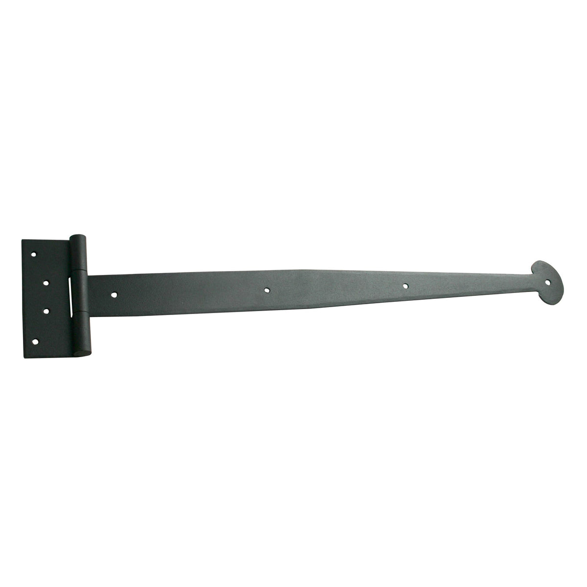 Hand forged black powder-coated strap hinge for shutters, available in multiple sizes, sold individually.