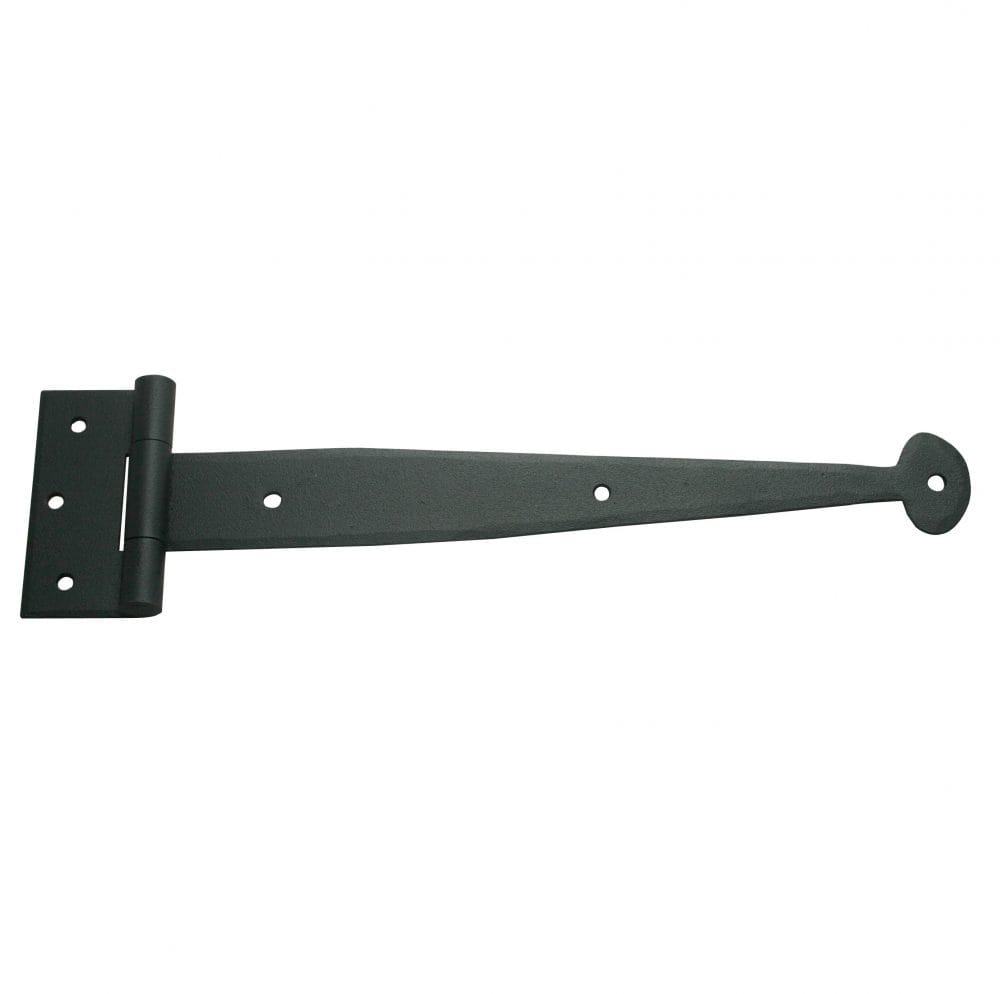 Hand-forged black powder-coated strap hinge for shutters, available in multiple sizes, sold individually.