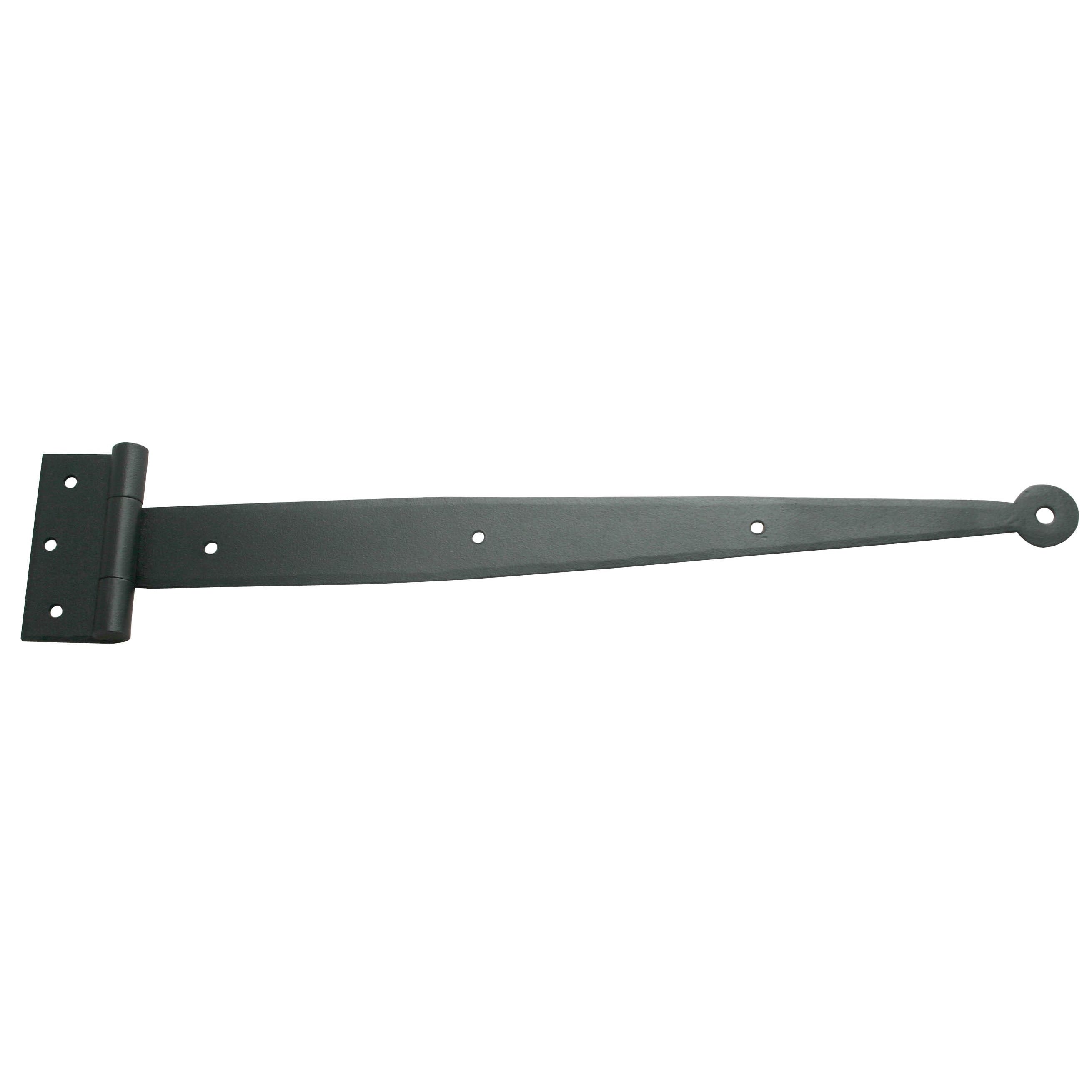 Hand forged steel strap hinge for shutters with a circle tip, black powder coat finish, available in multiple sizes.