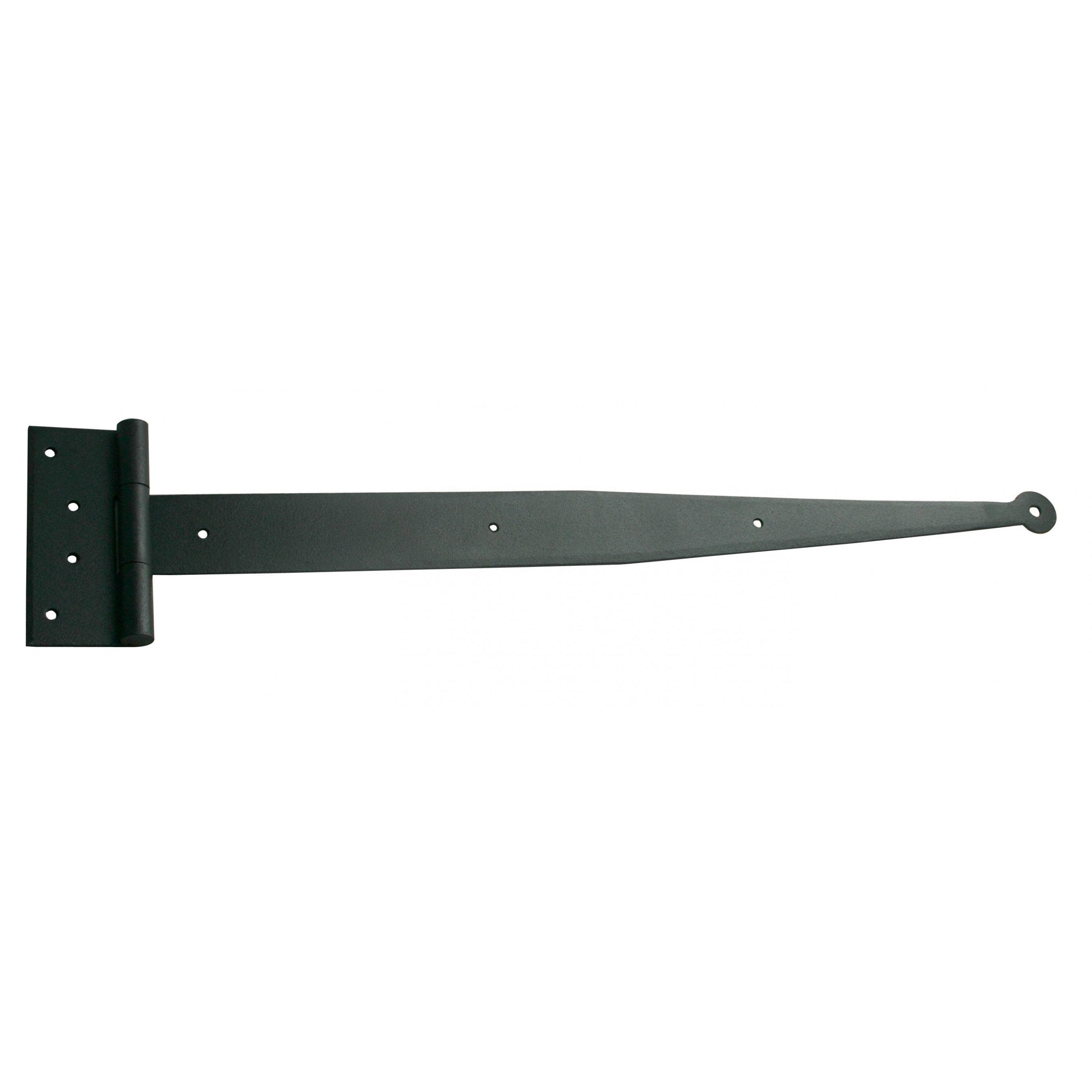 Hand forged black powder coated strap hinge for shutters, available in multiple sizes, sold individually.