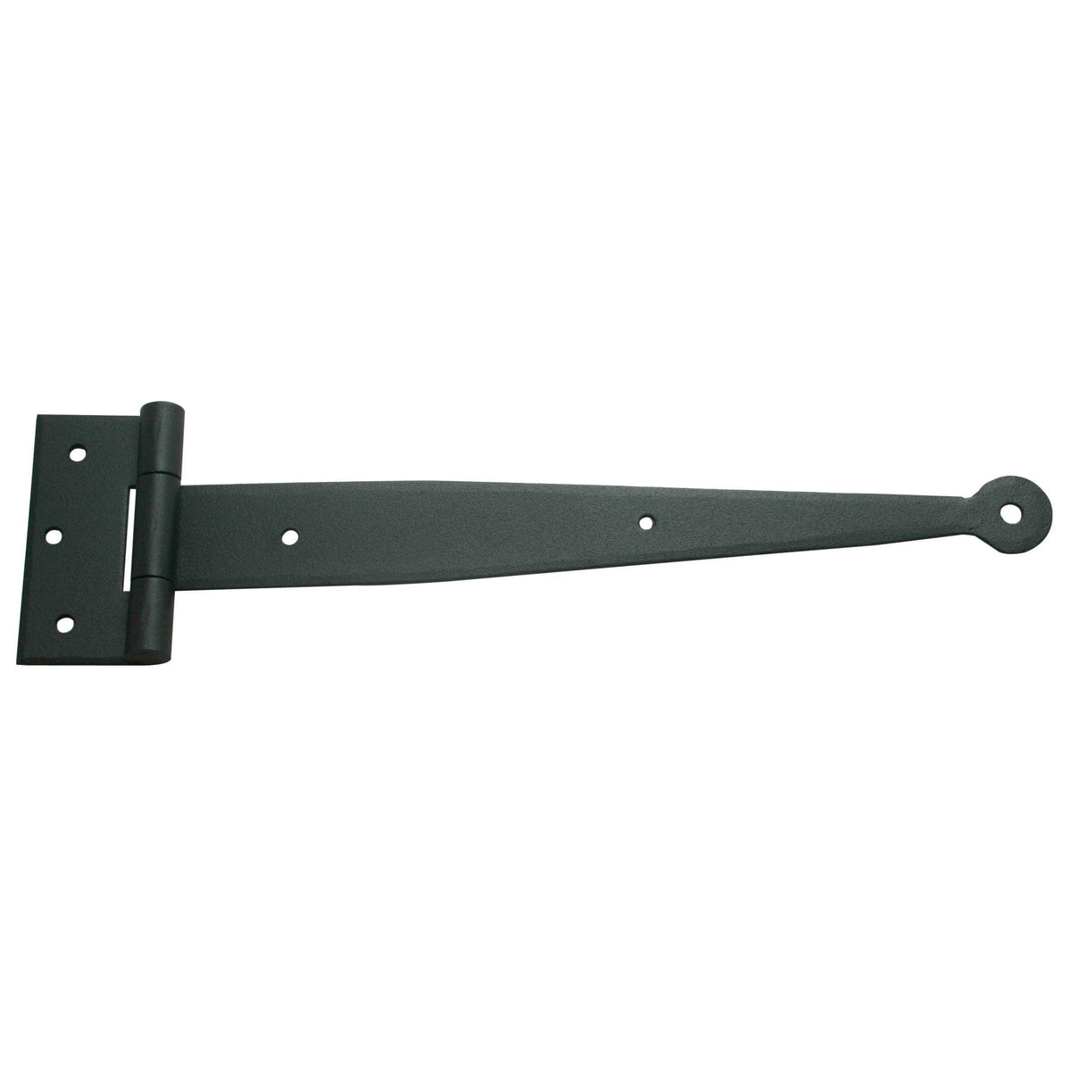 Hand forged steel strap hinge for shutters with a circle tip, available in multiple sizes and finished in black powder coat.