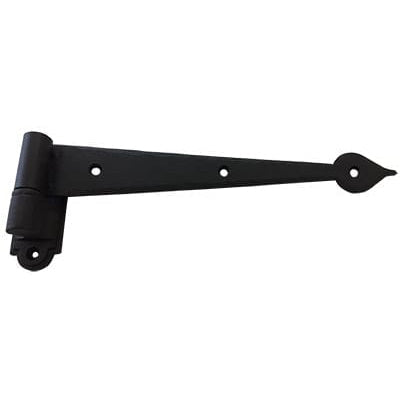 Black powder-coated strap hinge for shutters, 9-1/4 inches long with spade tip and multiple offsets available.