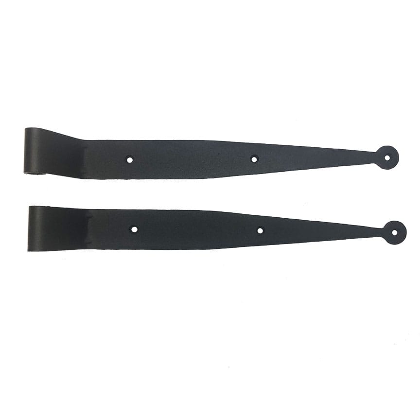 Black powder-coated strap hinges for shutters, 12 inches long, sold in pairs, featuring circle tips and multiple offsets.