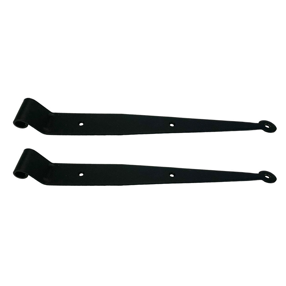 Black powder-coated strap hinges for shutters, 12 inches long, sold in pairs with multiple offsets available.