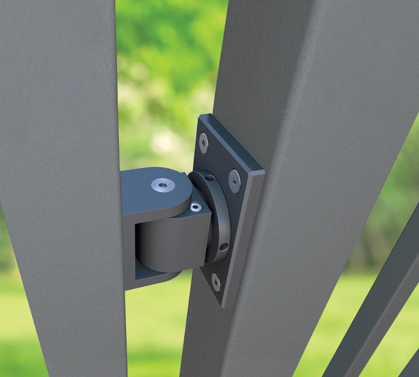 Sureclose adjustable self-closing gate hinge designed for center mounting with final snap action for gate gaps 2.5 to 3 inches.