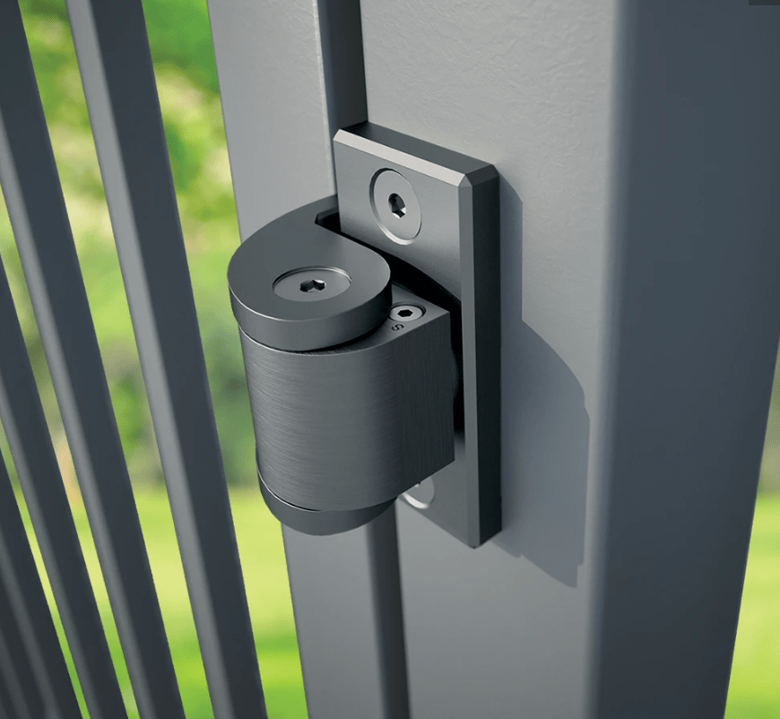 Sureclose adjustable self-closing gate hinge designed for flush mount installation with a 1/2-inch gate gap.