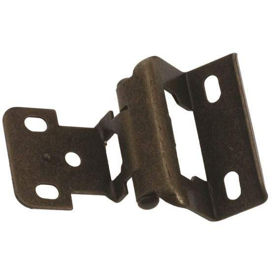Surface mounted full wrap cabinet hinge for 3/8 inch overlay, available in multiple finishes, sold in a 2 pack.