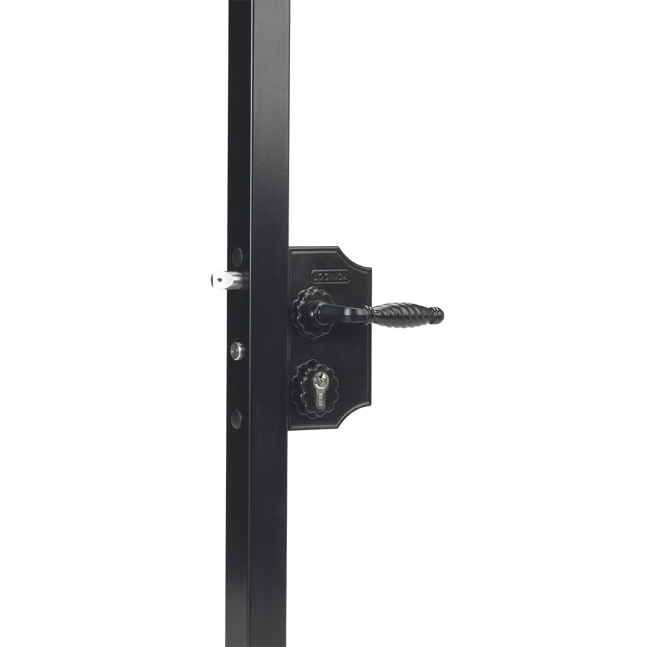 Large ornamental gate lock for square profiles, 3/8" to 3" width, featuring a black finish and decorative handle.