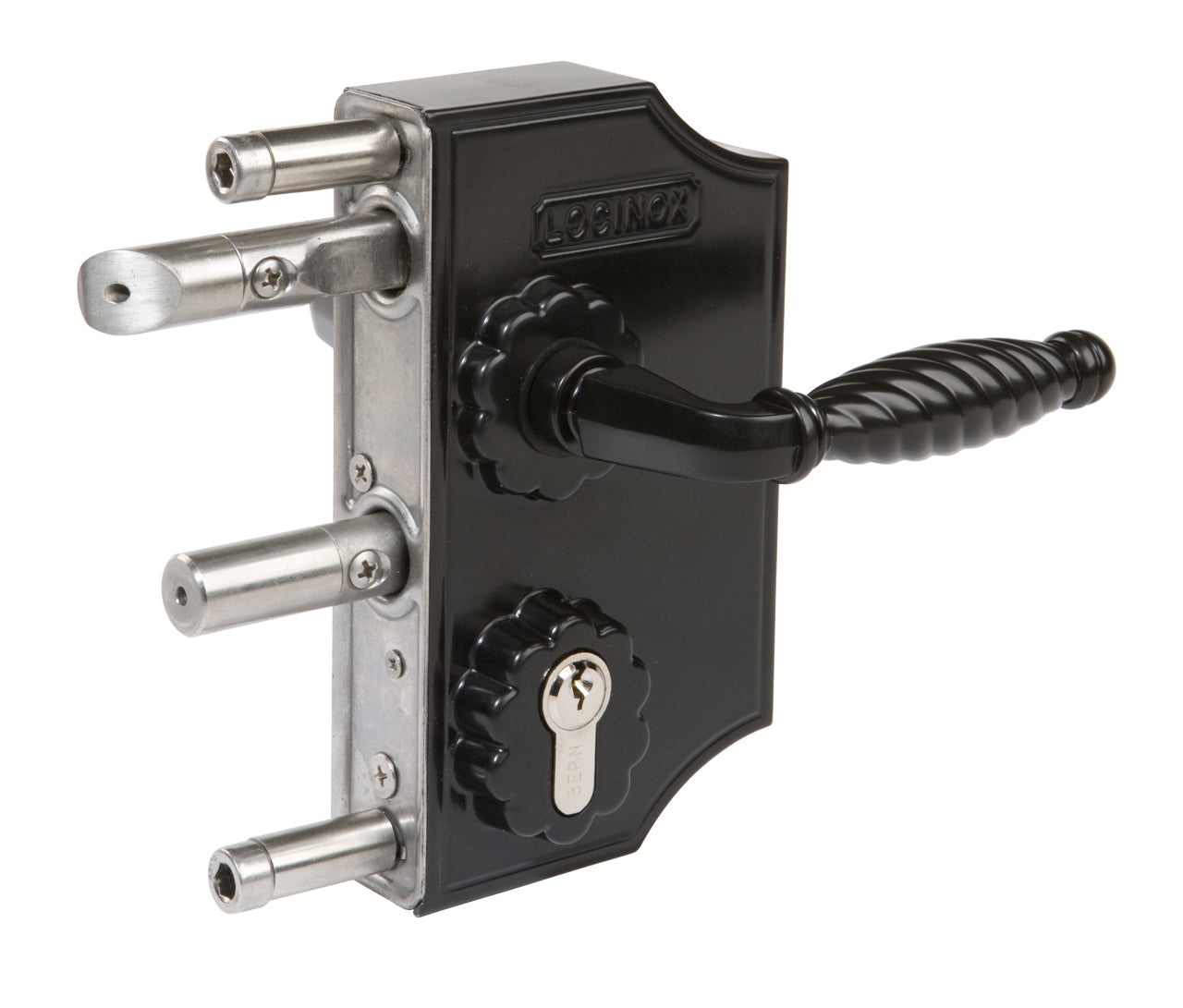 Large surface mounted ornamental gate lock with three bolts, designed for square profiles, featuring a black finish.