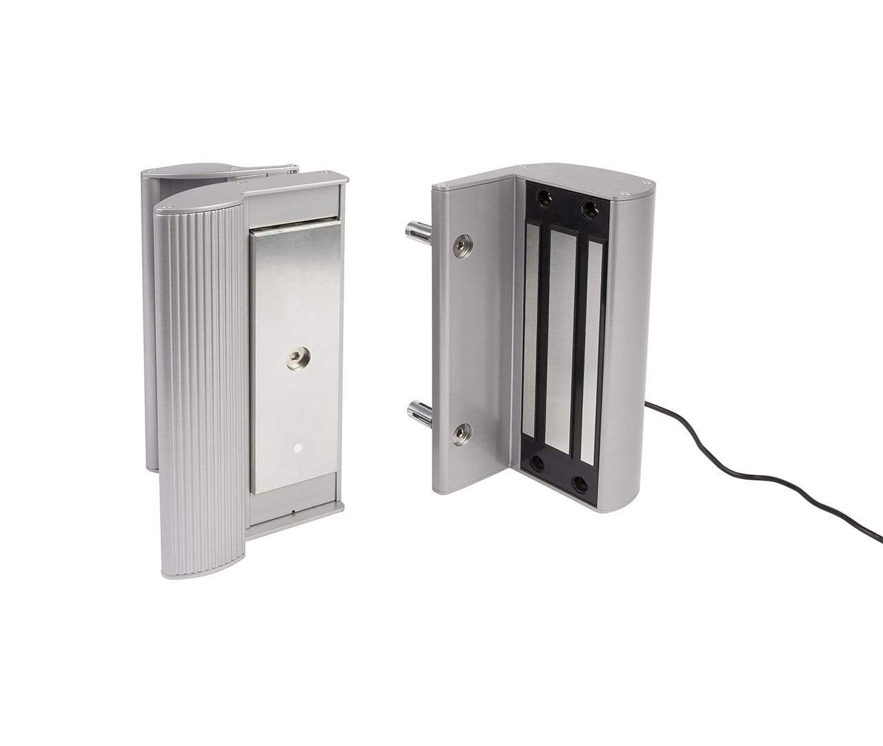 Surface mounted electromagnetic lock with integrated pull/push handles for square posts and gate profiles, 1200 lbs force.