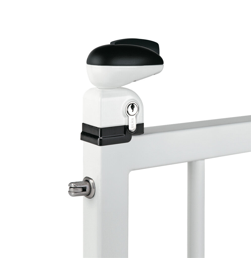 Black swimming pool gate lock designed for 1-1/2 inch square profiles, sold individually for secure access.