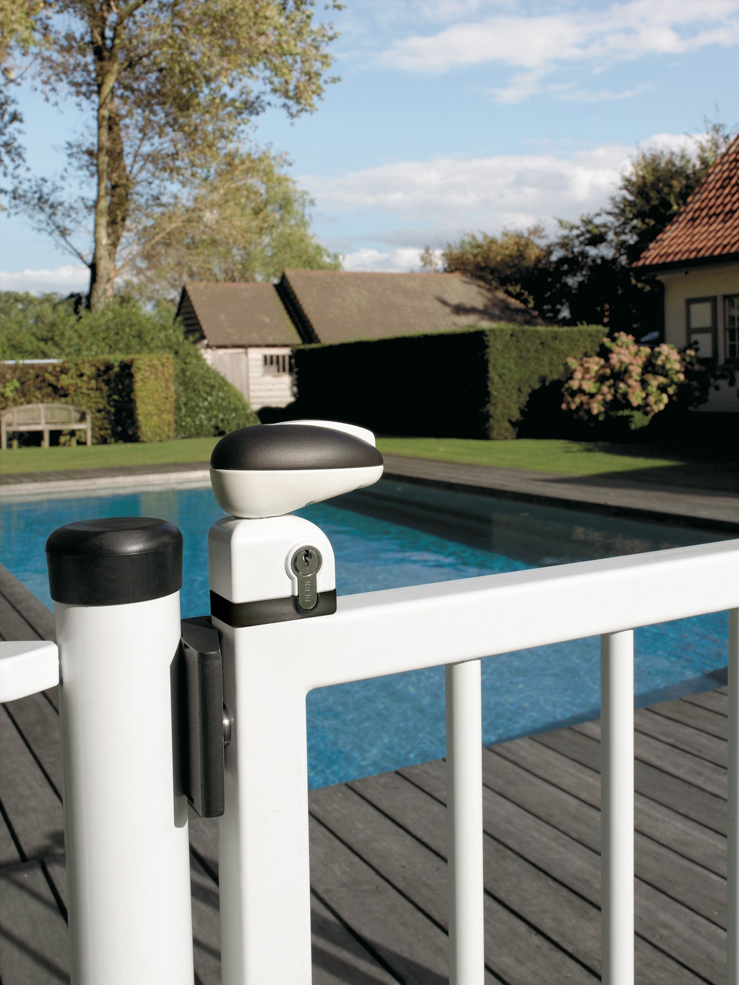 Black swimming pool gate lock for square profiles, 1-1/2 inch, designed for safety and sold individually.