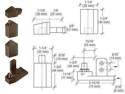 Old Castle style pivot door hinges for metal frame doors, suitable for 1/8" recessed or face frame applications.