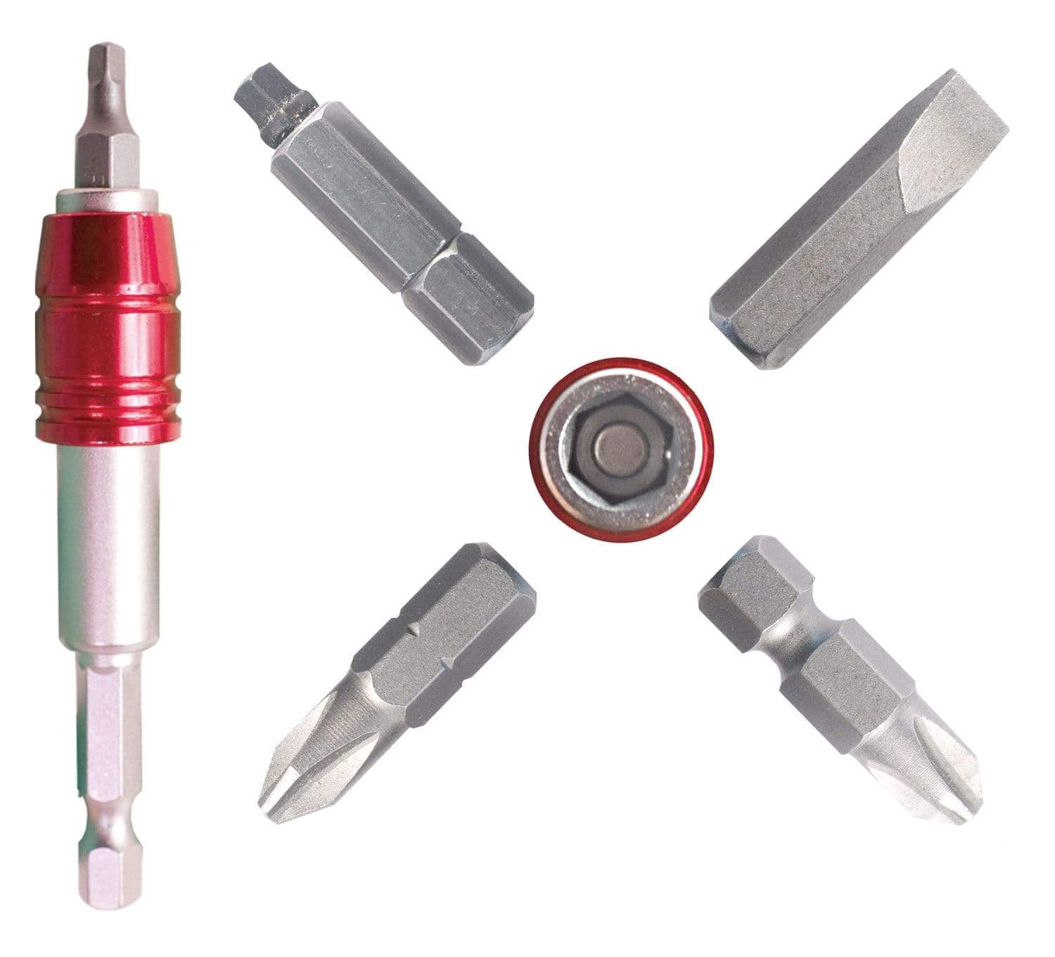 Taper lock bit holder with five interchangeable bits in various styles for versatile fastening applications.