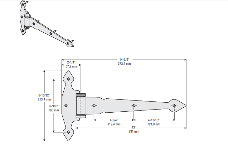 Heavy-duty black spear T hinge, 13 inches long, ideal for gates and doors, sold individually for versatile applications.