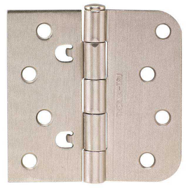 Self-aligning 4x4 inch square corner hinge with 5/8 inch radius corner, available in multiple finishes, sold individually.