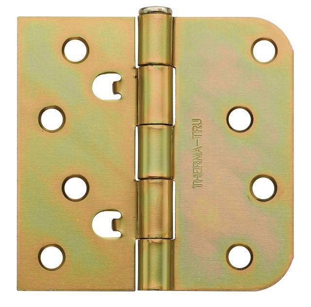 Thermatru self-aligning hinge, 4x4 inches, square corner with 5/8-inch radius, available in multiple finishes.