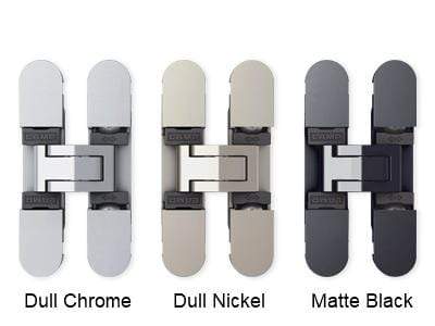 Three-way adjustable concealed cabinet hinges in dull chrome, dull nickel, and matte black finishes, sold individually.