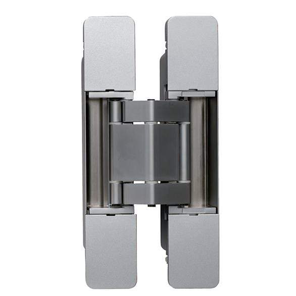 Three-way adjustable concealed hinge for cladded doors, available in multiple finishes, sold individually.